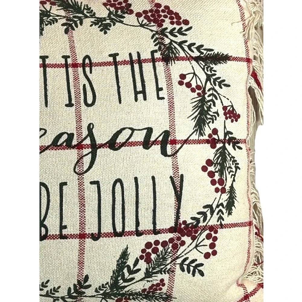 Christmas Throw Pillow Tis The Season Jolly Holly Maroon Berries ZIPS 19